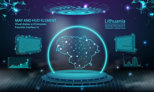 Lituania mappa luce collegamento effetto sfondo astratto tecnologia digitale ui gui futuristico hud interfaccia virtuale con mappa lituania palco podio futuristico nella nebbia