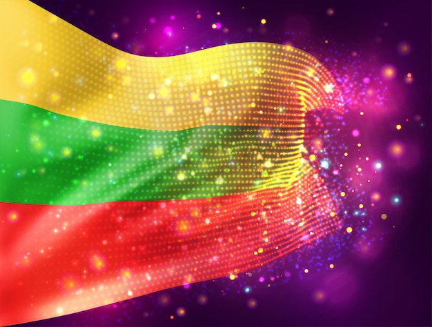 Vector lithuania, vector 3d flag on pink purple background with lighting and flares