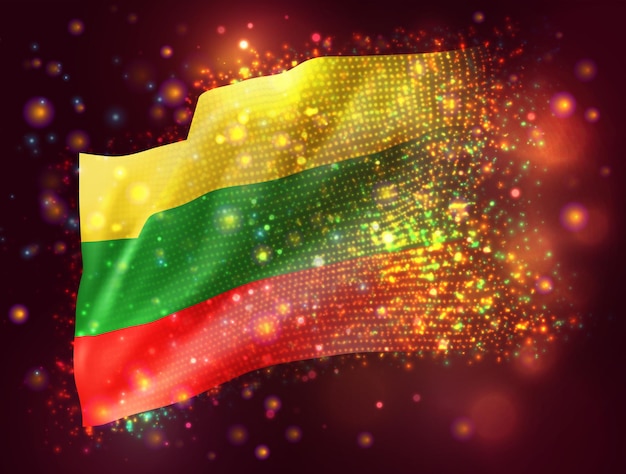 Lithuania, vector 3d flag on pink purple background with lighting and flares