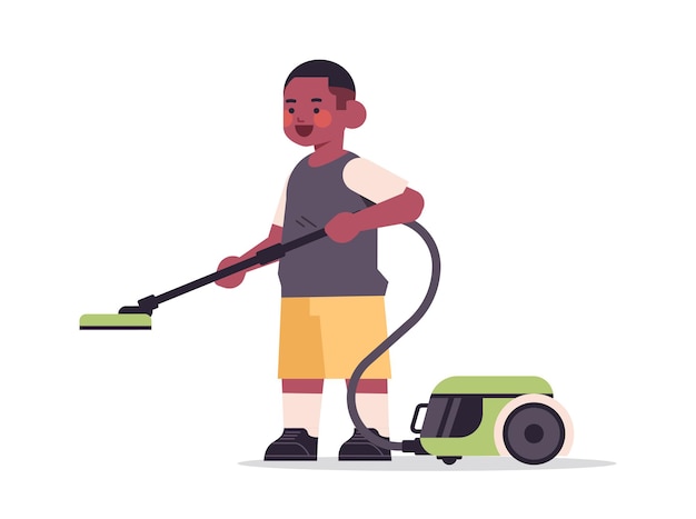 Piccolo ragazzo afroamericano utilizzando un aspirapolvere pulizia concetto di infanzia illustrazione vettoriale orizzontale a figura intera