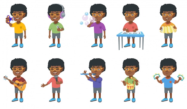 Vector little african boy character set