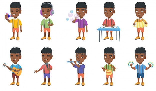 ベクトル 小さなアフリカの少年キャラクターセット