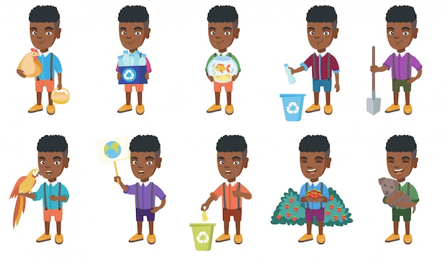 Vector little african boy character set