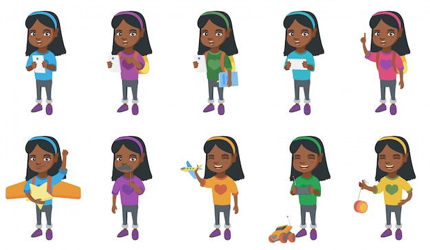 Vector little african girl character set