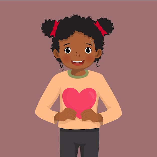 Little African girl holding red heart shape sign symbol of love for valentine days