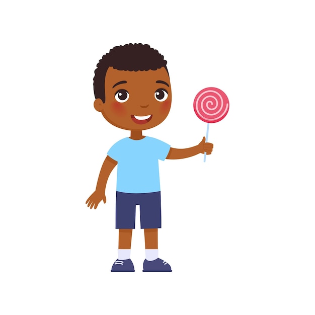 Little african happy boy smiles and holds a pink lollipop in his hand. cartoon dark skin character