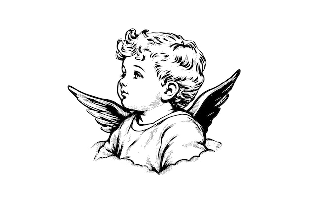 Little angel vector retro style engraving black and white illustration Cute baby with wings