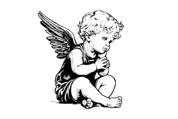 Vector little angel vector retro style engraving black and white illustration cute baby with wings