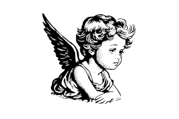 Little angel vector retro style engraving black and white illustration Cute baby with wings