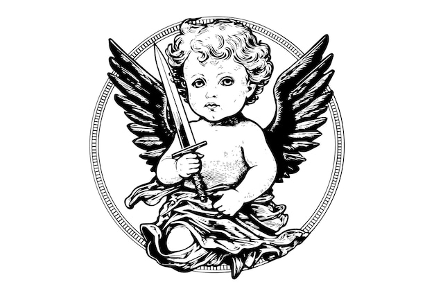 Little angel with sword in frame vector retro style engraving black and white illustration