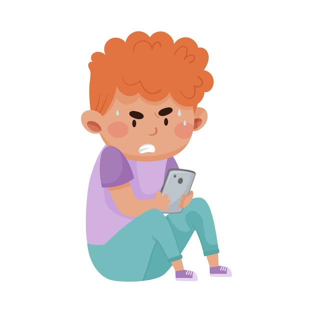 Vector little angry boy sitting and holding smartphone vector illustration