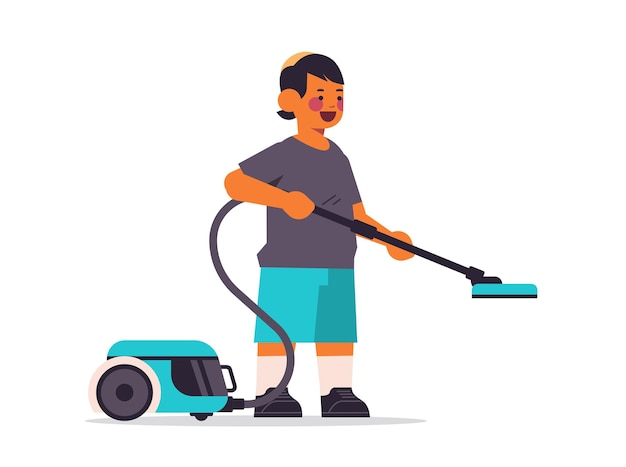 Little arab boy using vacuum cleaner cleaning childhood concept full length horizontal vector illustration