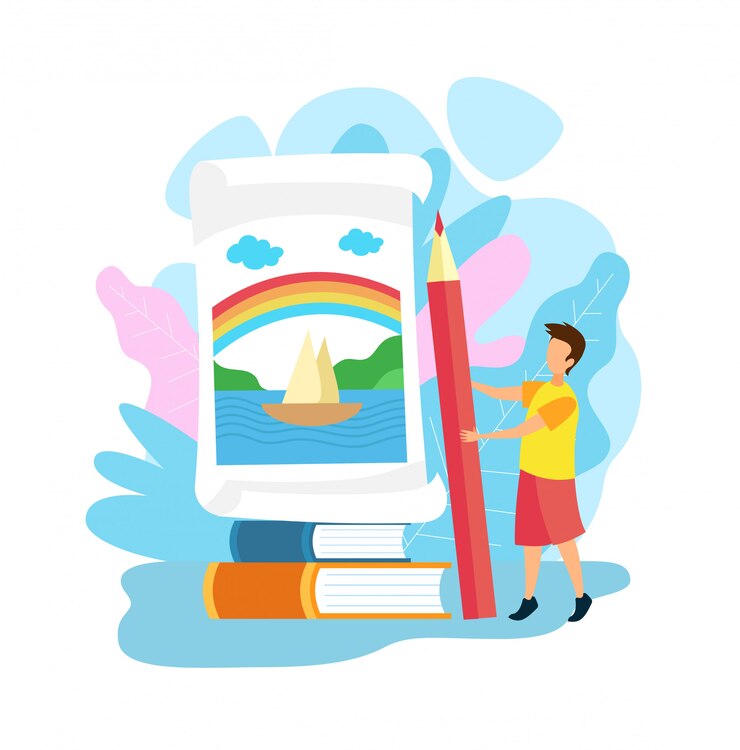 Vector little artist with pencil flat