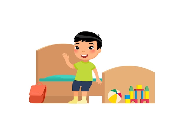 깨끗한 침실 집 청소 및 위생에 작은 아시아 소년