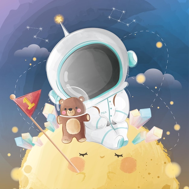 Little astronaut boy sitting on moon