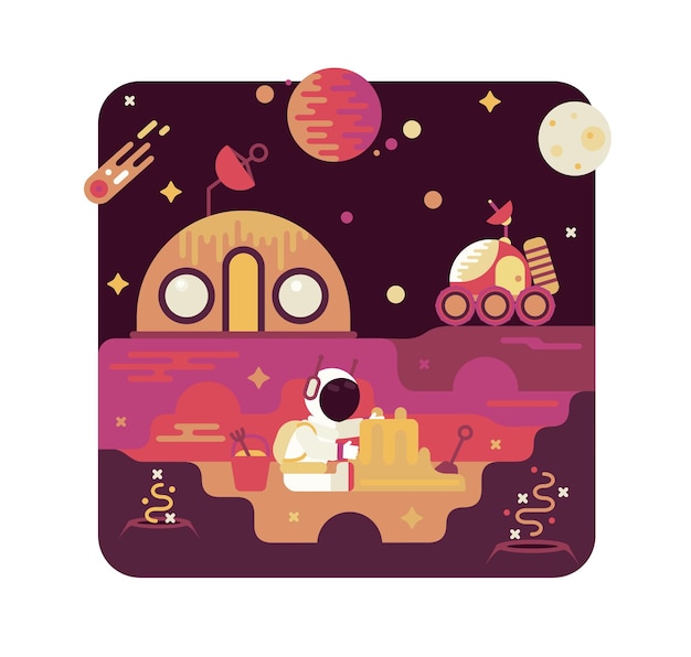 小さな宇宙飛行士が火星のベクトル漫画イラストに砂の城を作る