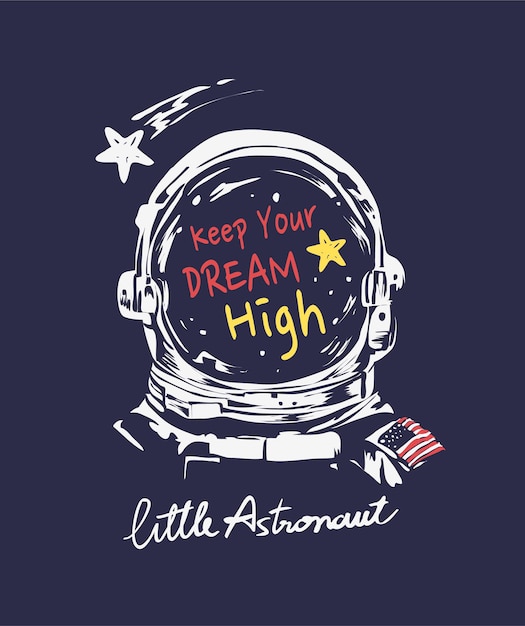 Vettore piccolo slogan di calligrafia dell'astronauta con l'illustrazione di vettore del casco dell'astronauta disegnata a mano