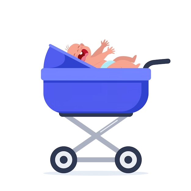 Little baby crying hesterically crying infant is lying in a stroller little kid being unhappy flat vector illustration