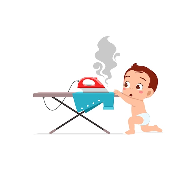 Little baby curious to touch hot electric iron