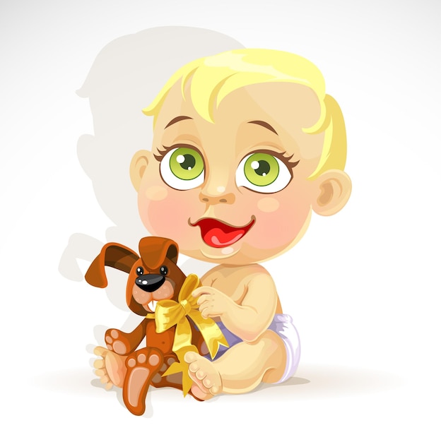 Little baby in a diaper with plush rabbit