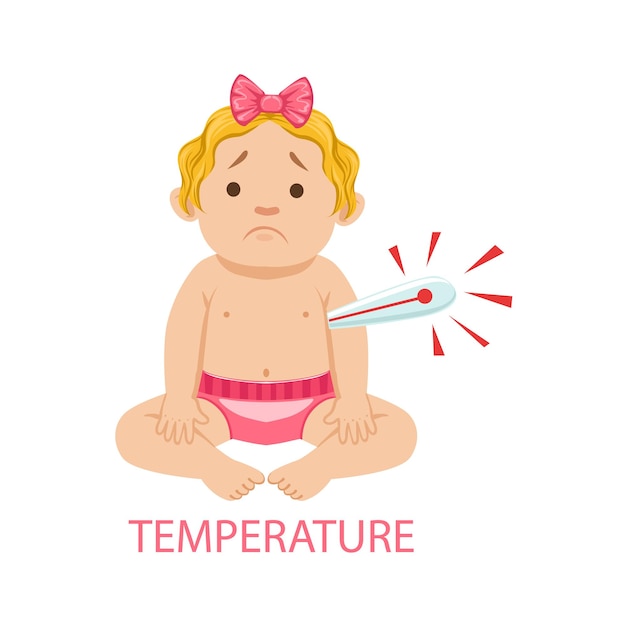 Маленькая девочка в подгузнике с термометром лихорадит отчасти из-за того, что младенец несчастен и плачет Коллекция иллюстраций мультфильмов
