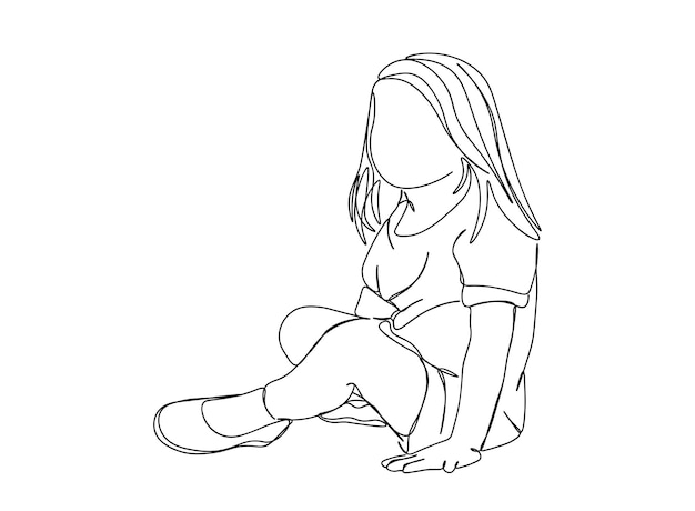 Little, baby girl single-line art drawing continues line vector illustration