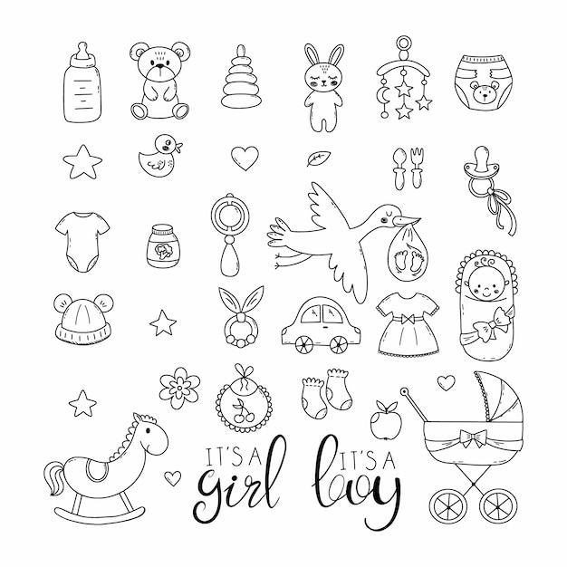 Little baby set Toy for child Children's store Decor of postcard Sketch Vector doodle illustration Hand drawn icon