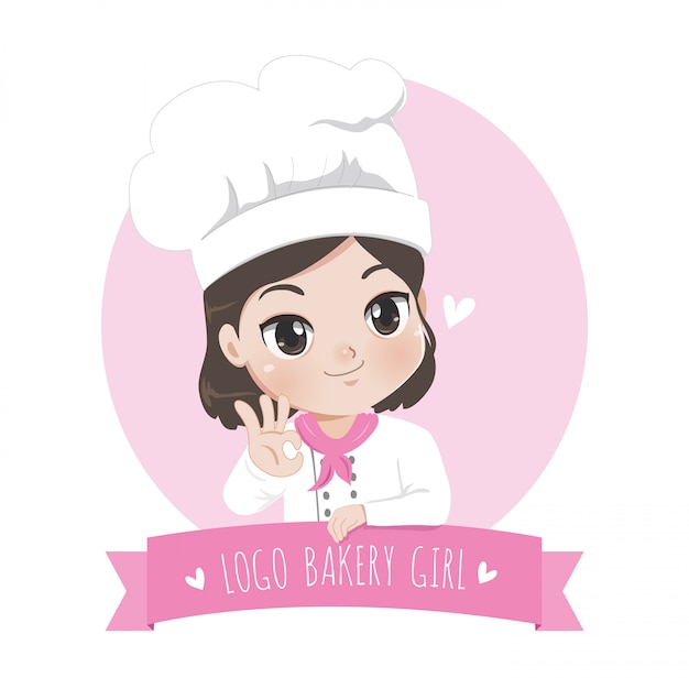 The little bakery girl chef's logo is happy, tasty and sweet smile,