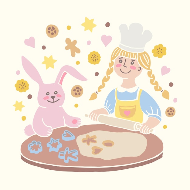 小さなパン屋の女の子のシェフのロゴは幸せで甘い笑顔です