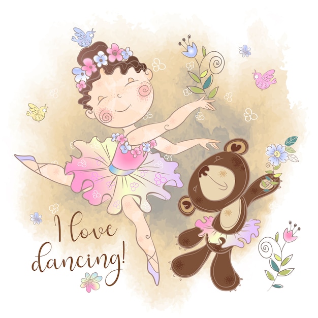 Vector little ballerina girl dancing with a bear. i love dancing.