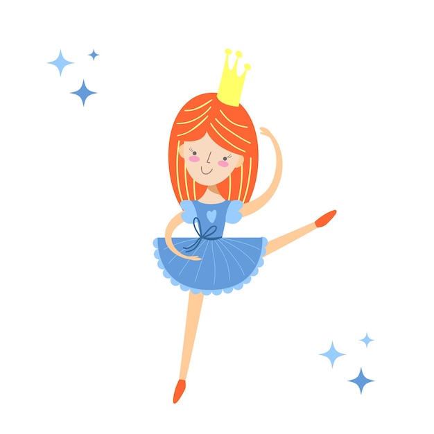 Little ballerina red hair girl with crown Flat vector illustration