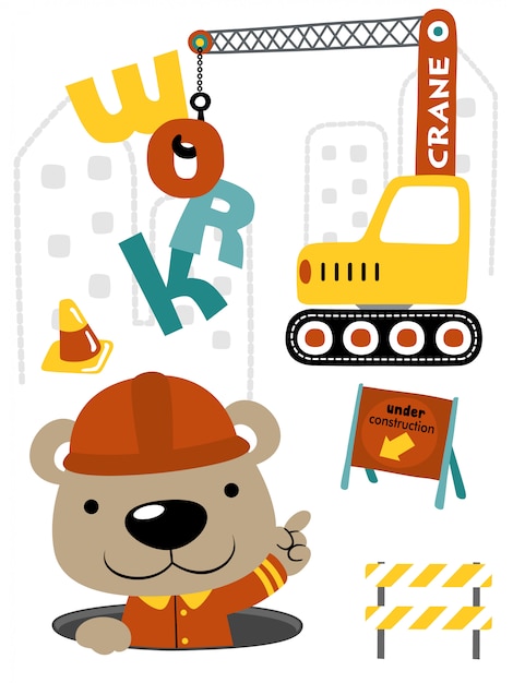 Vector little bear cartoon with construction vehicle