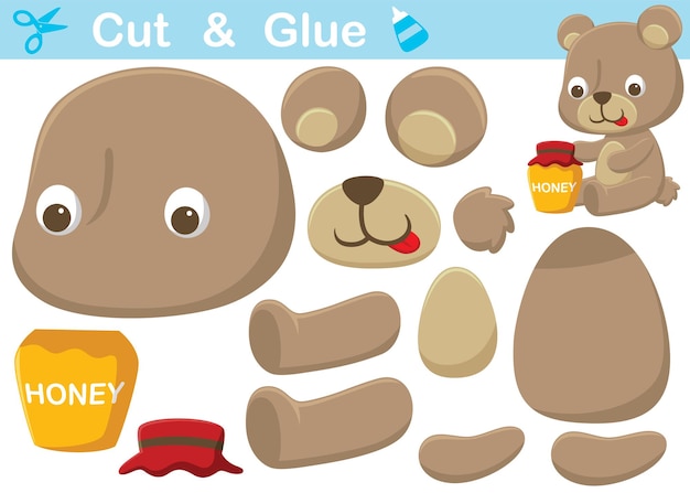 Little bear cartoon with honey jar. education paper game for children. cutout and gluing