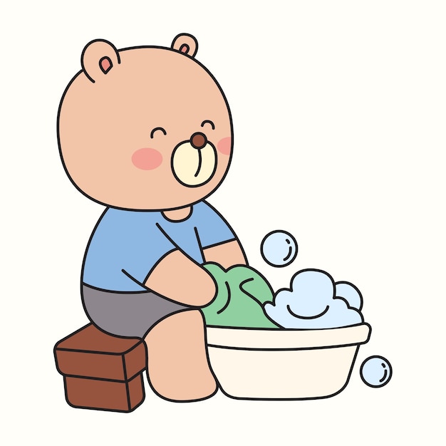 아기곰이 귀엽고 알록달록한 옷을 청소하고 있다P3