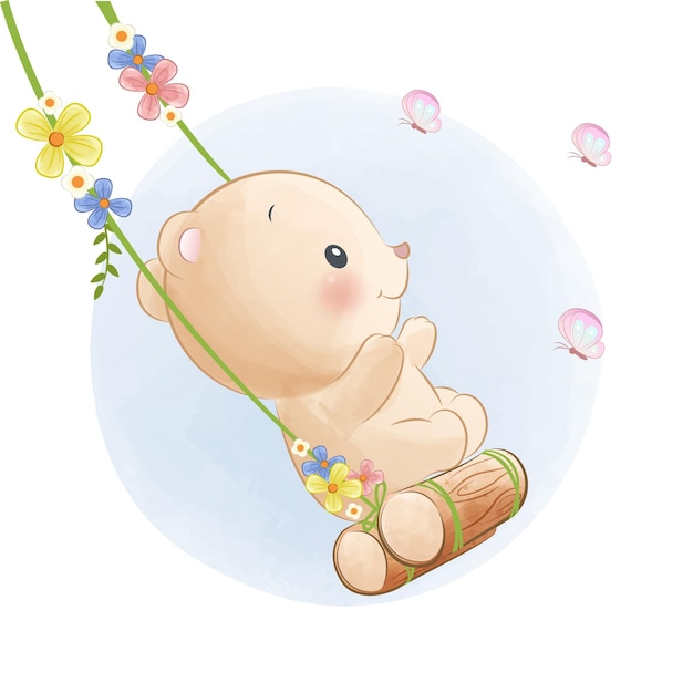 little bear on a swing watercolor illustration