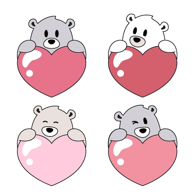 Little bears holding hearts simple cute vector drawing love illustration