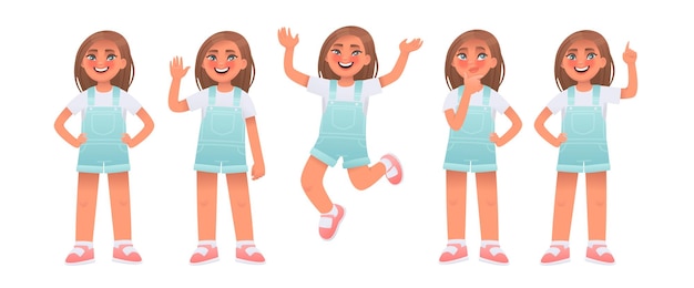 Set di caratteri per ragazza piccola e bella il bambino carino saluta i salti pensa trova risposte gesti e pose