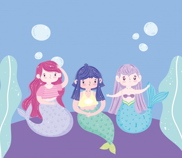 Piccoli personaggi di sirene belle bolle fumetto subacqueo