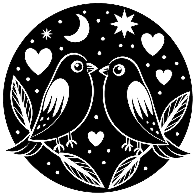 Vector little birds in love and kissing on a tree branch valentines day card