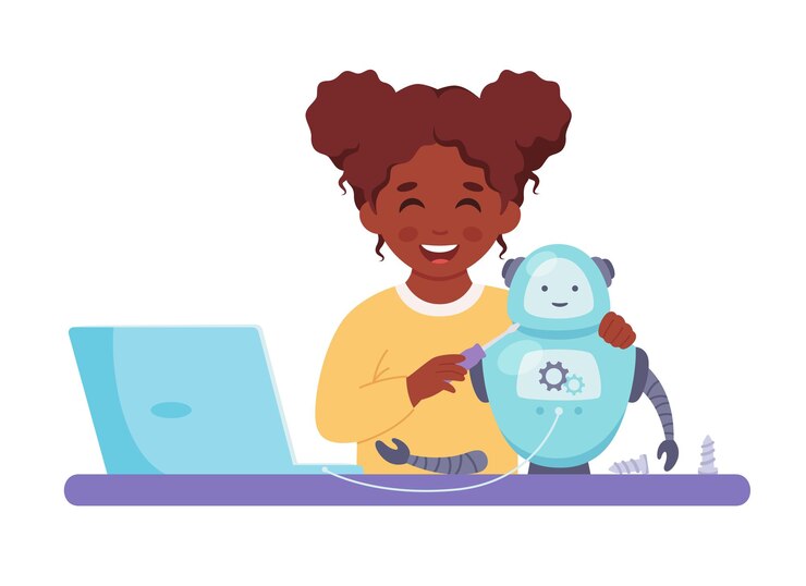 Vector little black girl building a robot robotics programming and engineering for kids