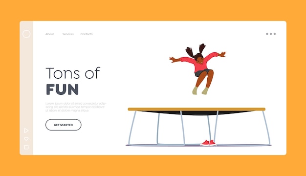 Little black girl jump on trampoline landing page template child enjoy life and freedom during summer holidays