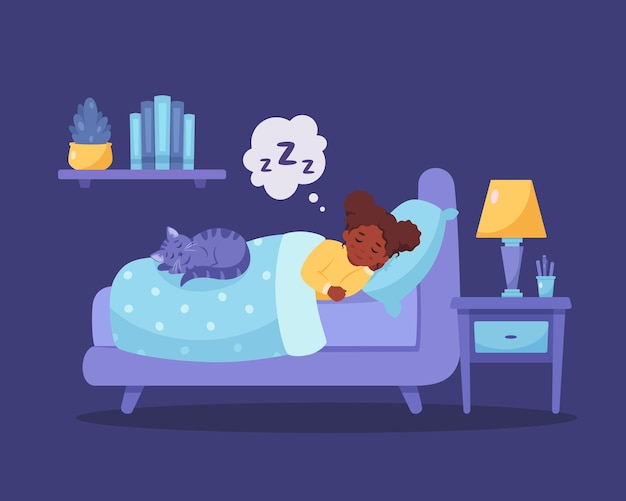 Vector little black girl sleeping in bedroom with cat healthy sleep