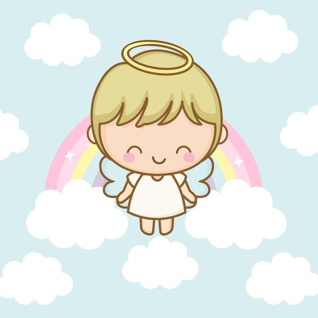 Little blond boy angel flying in the sky with rainbow