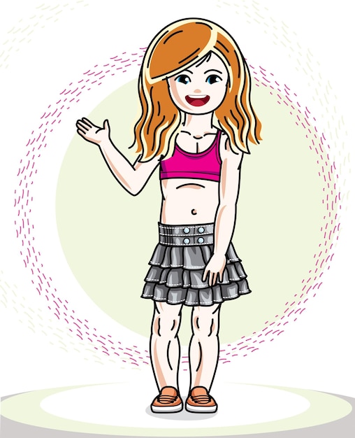 Little blonde cute girl toddler in casual clothes. Vector Illustration of pretty child standing.