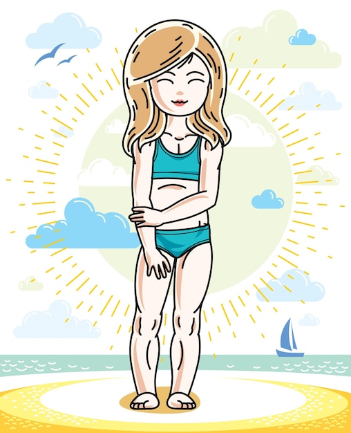 Vector little blonde girl cute child toddler standing on beach in colorful swimsuit. vector pretty nice human illustration. summertime and vacation theme.