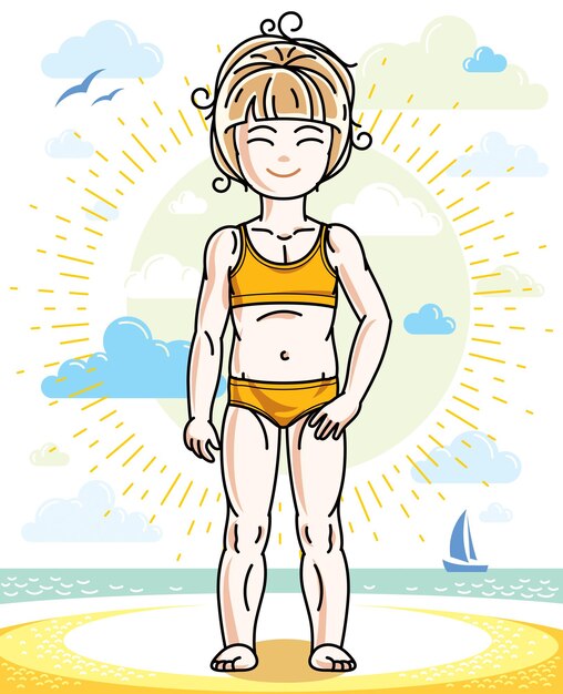 Vettore piccola ragazza bionda un bambino carino in piedi sulla spiaggia in bikini. illustrazione vettoriale di un bambino attraente. tema delle vacanze estive.