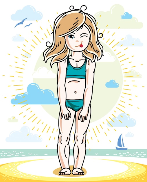 Маленькая блондинка, милый ребенок, стоящий на пляже в бикини. векторная привлекательная детская иллюстрация. тема летних каникул.