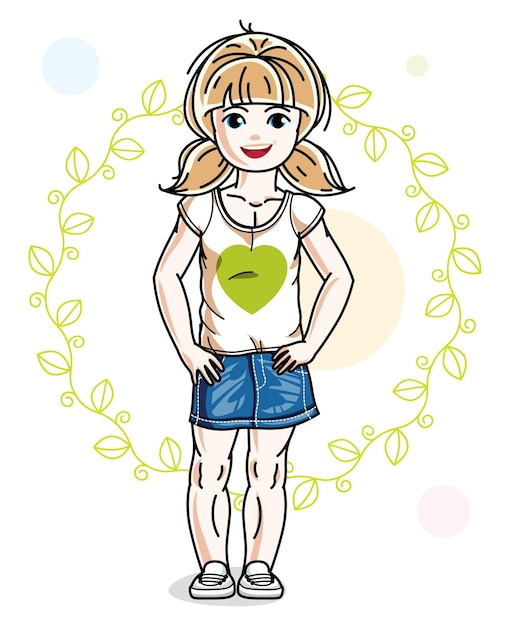 Маленькая блондинка в модной повседневной одежде позирует на зеленом эко-фоне. Векторная иллюстрация положения ребенка.