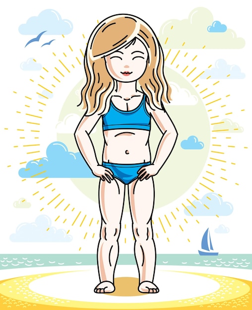 햇볕이 잘 드는 해변에 서서 수영복을 입고 금발 소녀 유아. 벡터 아이 그림입니다. 여름 휴가 테마.