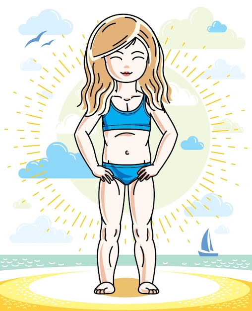 little blonde girl toddler standing on sunny beach and wearing swimming suit. vector kid illustration. summer holidays theme.